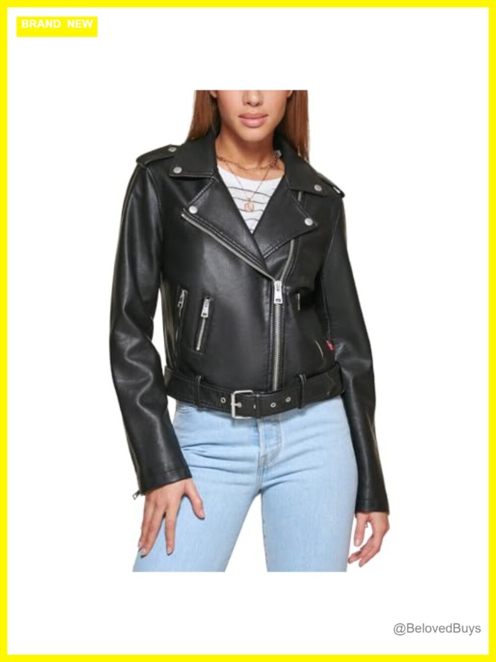 Women's Faux Leather Belted Moto Jacket with Zipper Pockets